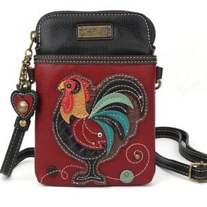 NEW CHALA ROOSTER BURGUNDY CELL PHONE CROSSBODY PURSE ADJUSTABLE STRAP HEART